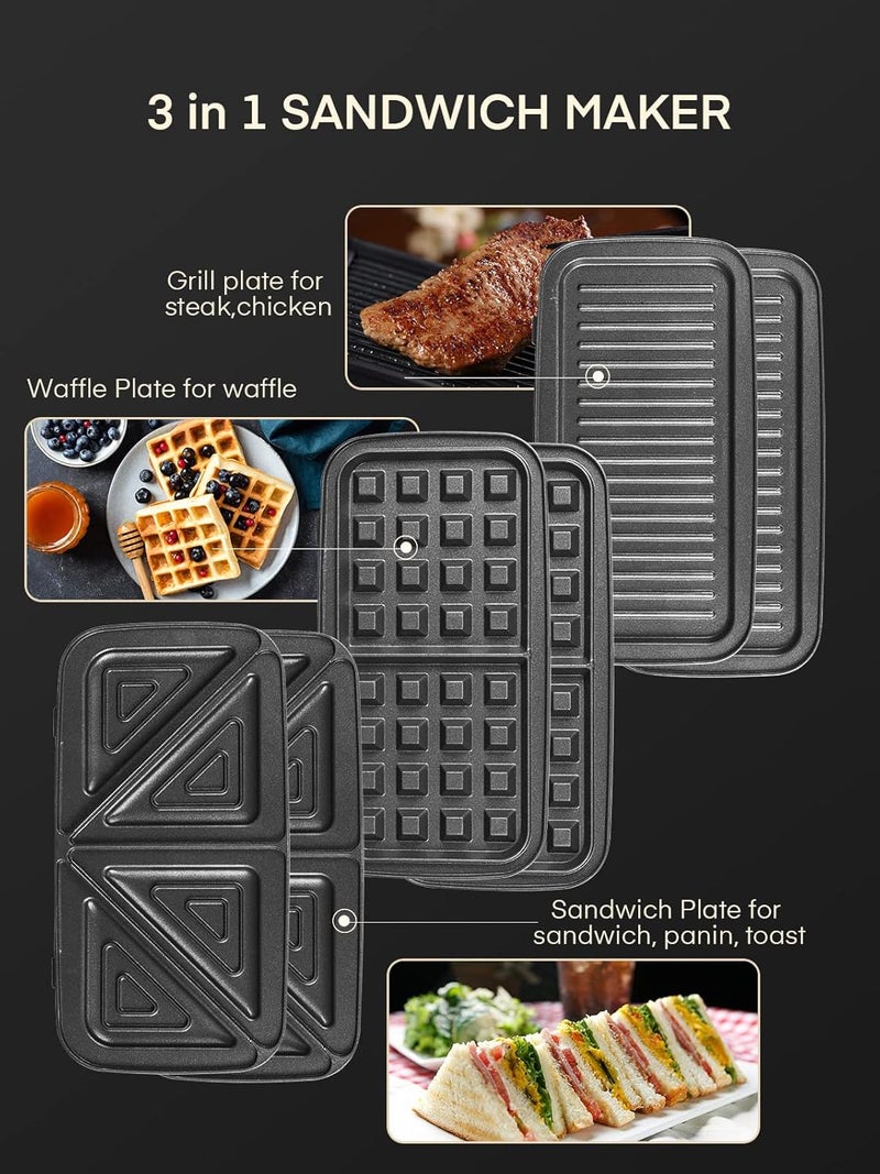 FOHERE Sandwich Maker 3 In 1 Waffle Maker With Removable Plates,1200W Grilled Cheese Maker, 5-gear Temperature Control, Non-stick Coating Easy to Clean, Indicator Lights, Silver/Black - Image 2